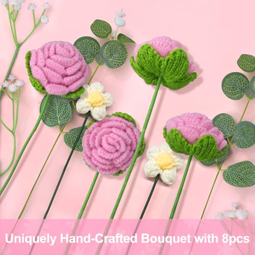 Foyucool Crochet Flowers Bouquet, Handmade Knitted Rose Bouquet with Gift Bag for Home Deocor, Crocheted Finished Flower for Wedding, Mother's Day, Teachers' Day and Valentine's Day, Pink White - color: Pink White