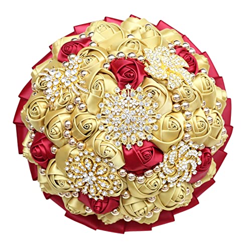 Burgundy and Gold Bridal Wedding Bouquet Luxury Gold Rhinestone Brooch Bouquet for Bride Bridesmaid Quinceanera Artificial Satin Rose Flower Bouquet Wedding 8.3in - color: Burgundy & Gold, size: Diameter: 8.3 inches