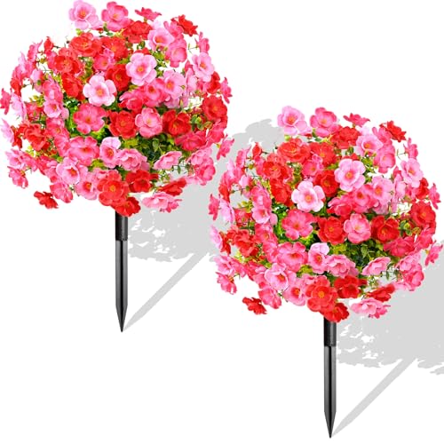 Waipfaru Set of 2 Artificial Boxwood Topiary with Colorful Flowers, 23" UV Resistant Fake Bushes Faux Outdoor Plants, Artificial Shrubs with Ground Spike for Outdoor Garden Front Porch(Red, Pink) - color: Red, Pink
