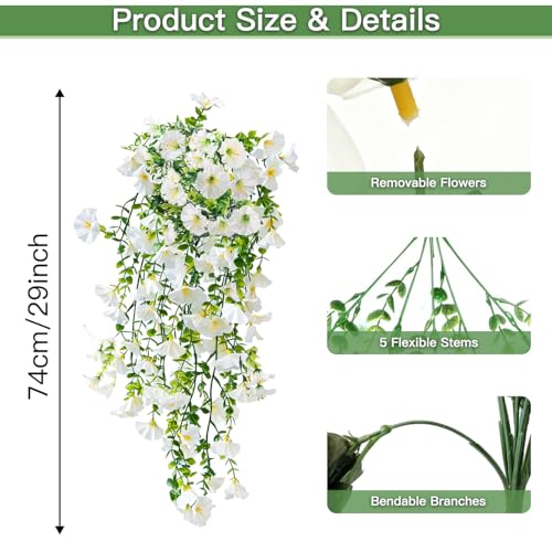 Artificial Flowers for Outdoors Fake Morning Glory Hanging Flower Decoration, 2 Pcs Realistic Faux Plants Petunias Trailing Vines, Spring Summer Decor for Porch Patio Balcony Planter Yard(White) - color: White, size: 2 Pcs