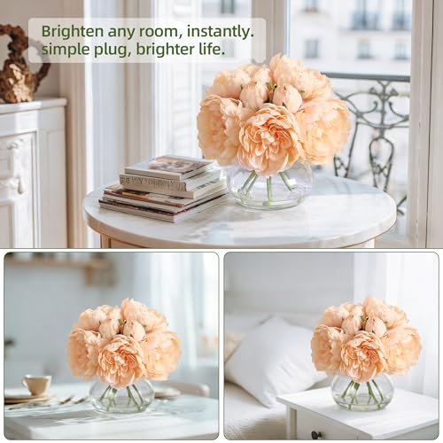 Artificial Peonies with Glass Vase, Faux Peony Fake Flowers with Faux Water, Silk Flower Arrangements for Home Decor, Bathroom, and Table Centerpiece Decorations Home Centerpiece Floral (Champagne) - color: Champagne, size: Peony, Silk