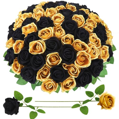 90 Pcs Gold, Black Velvet Rose Artificial Flowers with Long Stems, Fake Silk Roses Real Touch Fake Roses Florals for Birthday Wedding Bouquet Party Arrangement Decorations - color: Gold, Black