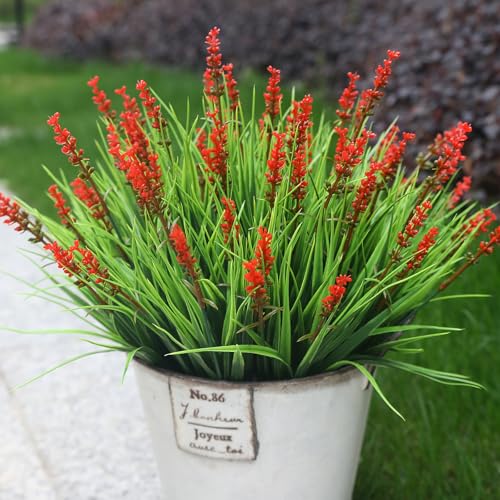 alyptus Artificial Flowers Outdoor 12 Bundles Fake Plants Outside Red Flower Grass Faux Greenery Spring Summer Wildflower Decoration for Outdoors Yard Front Porch Planter Decor (Red Flowers) - color: Red Flowers