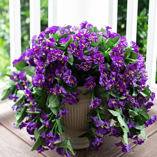HyeFlora Artificial Fake Hanging Flowers Plants for Outdoor Outside Summer Decoration, 2PCS Faux Silk Morning Glory Purple UV Resistant Look Real Trailing Vines for Home Planter Porch Patio - color: Purple