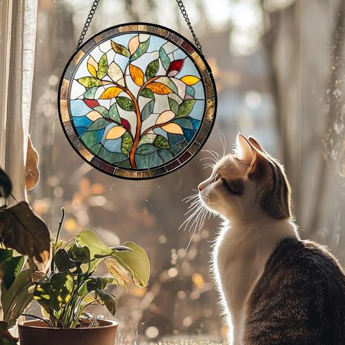 Stained Glass Window Hanging Colorful Tree of Life 6.3" - Plant Leaves Suncatcher Door Garden Sun Catcher Home Decor Birthday Christmas for Mom Men Woman Nana Friend - color: Brown and Green, size: 6.3x6.3 IN