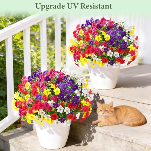 Artificial Flowers for Outdoors, 12 Bundles Mixed Color Artificial Petunias Fake Flowers for Outside, UV Resistant Realistic Silk Flowers for Decorations, Outdoor Faux Flowers Plants for Garden Porch - color: Mixed 6 Colors, size: 12 Pack