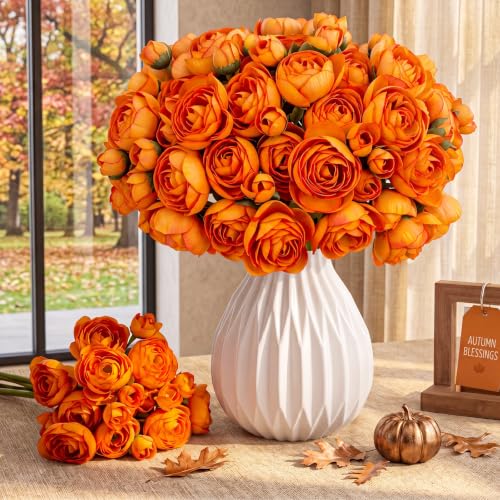 Giegxin 48 Pcs Ranunculus Artificial Flower,Real to Lifelike Peonies Artificial Flower Silk Faux DIY Bouquet for Wedding Bridal Shower Centerpieces Arrangements Home Decorations(Orange) - color: Orange