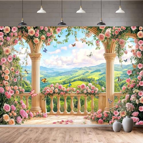 5X3ft Pink Floral Backdrop Garden Balcony Arch Retro Flowers Photography Background Wedding Birthday Party Decorations Baby Bridal Shower Portrait Photo Studio Props Wall Decor Banner - color: Multi4, size: 5X3FT