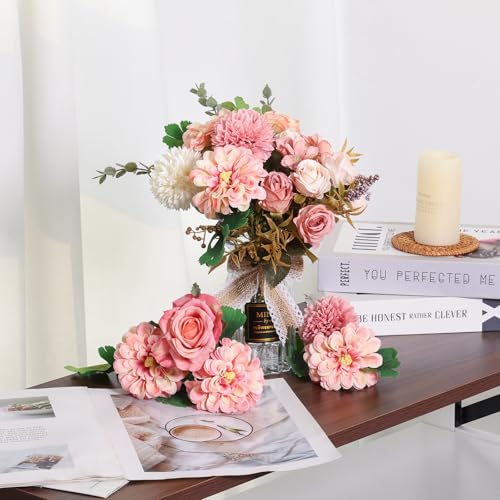 CEWOR Fake Flowers in Vase, Artificial Flowers with Vase Faux Silk Floral Arrangement Table Centerpieces Decor for Home Office Dining Farmhouse Coffee Table Living Room Bathroom Plant Decor (Pink) - color: Pink