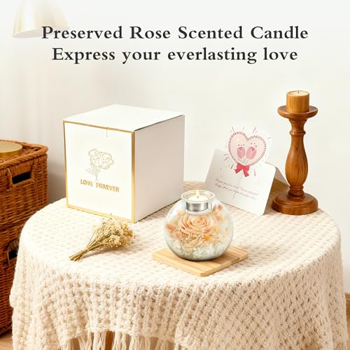 Preserved Real Rose in Glass with Scented Candles for Mom Her Wife Girlfriend Grandma Birthday Anniversary Romantic - color: Zenith Champagne