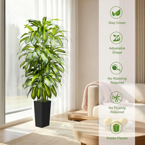 6FT Artificial Dracaena Tree Indoor Fake Tree Tall Plant with Black Planter Faux Plants Indoor Living Room Artificial Plants Indoor Decor Large Fake Plant - color: Black, size: 6ft