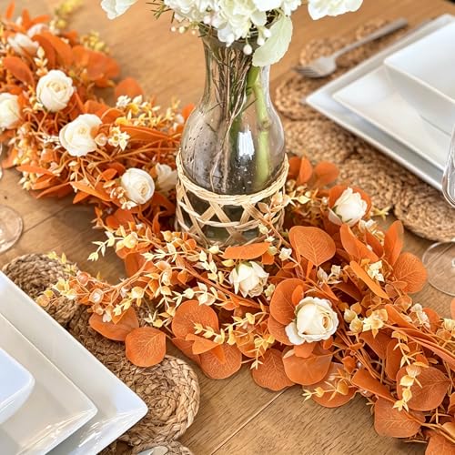 CQURE 2Pack Eucalyptus Garland,Artificial Eucalyptus Leaves Flowers Table Greenery Garland Wreath Vines for Wedding Party Fireplace Bedroom Room Decor - size: 17.7 Ft with Flowers-Orange