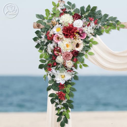 Odouzy Wedding Arch Flowers Kit,Artificial Flower Arch Decor (Set of 3),2pcs Artificial Flower Arrangement with 1pc Sheer Drape for Wedding Decor Reception Backdrop Floral Decorations (Wine Red) - color: Wine Red
