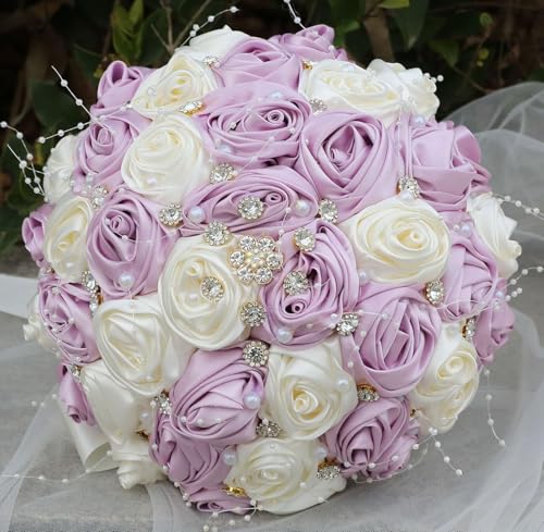 Ujicde Romantic Wedding Bouquet Bridal Bridesmaid Round Bling Brooch Bouquet Throw Toss Artificial Rose Flower Bunch with Sparkle Rhinestone Crystal Decoration(Ivory+Purple,Dia. 6.3"*16cm) - color: Ivory+purple, size: Dia. 6.3"*16cm