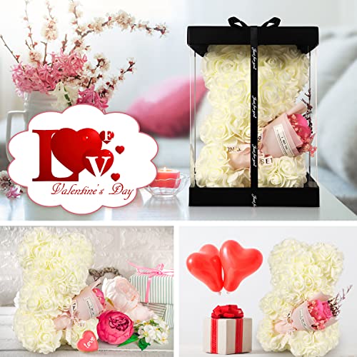 Rose Bear Valentines Gifts for Women Rose Bear Teddy Bear with Box,One Hundred I Love You Language Necklace,Cute Romantic Wedding Anniversary Birthday Gift - color: Rice White