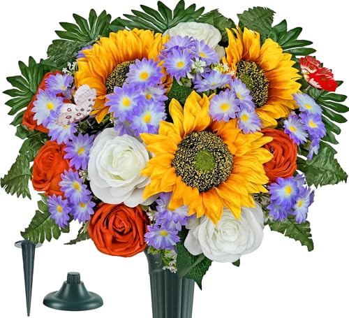 Artificial Cemetery Flowers for Grave,Memorial Flowers Bouquet with Vase for Headstones Decoration,Bright and Vibrant Sunflower Rose Daisy - color: Orange-purple