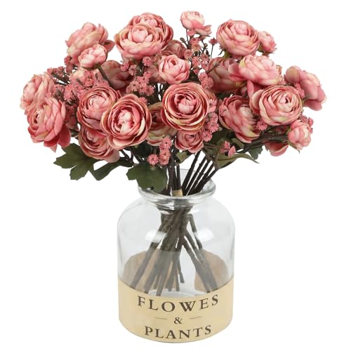 Pink Ranunculus Artificial Flowers 5 Bouquets Fake Silk Mini Ranunculus with Stems 15PCS Faux Peonies Spring Flowers for DIY Wedding Bride Shower Centerpieces Home Vase Filler Decorations (Pink) - color: Pink