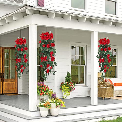 RECUTMS Artificial Red Roses Fake Hanging Flowers Plants, 2PCS 37 Inches Silk Floral Ivy Garland for Indoor Outdoors Home Garden Front Door Porch Wedding Derby Party Arch Valentines Greenery Decor - color: Red, size: 2 pcs