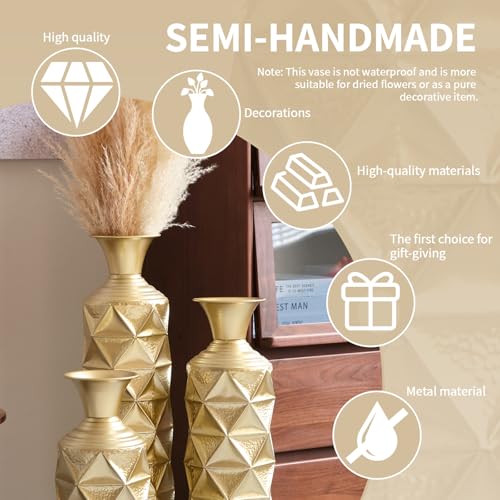 Tall Floor Vases Set of 3 for Decor Living Room Floor, Gold Vases Home Decor, Embossed Body Pattern, 33.5" H/29.5" H/25.2" H Geometric Cylinder (Gold 3) - color: Gold