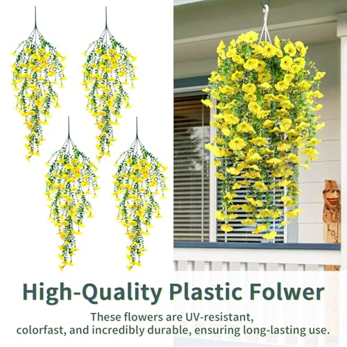 4 Pack Artificial Faux Hanging Flowers Plant for Outdoor, Fake Silk Morning Glory with Eucalyptus UV Resistant Realistic Trailing Vine for Wall Home Porch Patio Balcony Yard Indoor Decor, Yellow - color: Yellow