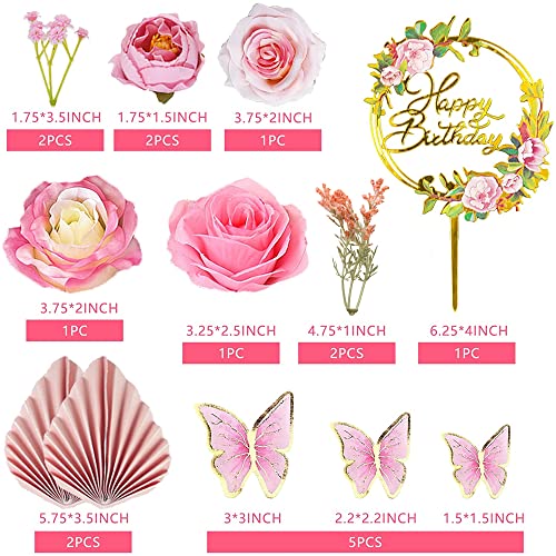 17 PCS Flower Cake Toppers Boho Cake Toppers Butterfly Cake Decorations with Light Artificial Roses Eucalyptus for Wedding Birthday Supplies (Light Pink) - style: Light Pink