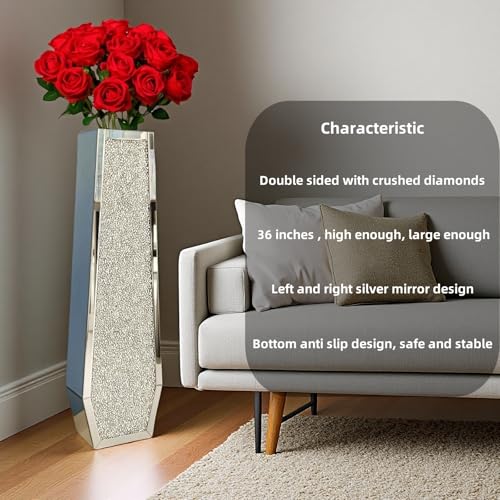36" Extra Tall Double Sided Crushed Diamond Vases,Six Sided Three-Dimensional Diamond Vase,Extra Large Mirrored Silver Crystal Vase for Home,Office,Hotel(10.6" Lx5.37 W x 36" H) - size: Crushed Diamond:10.6''L X 5.37''W X 36''H