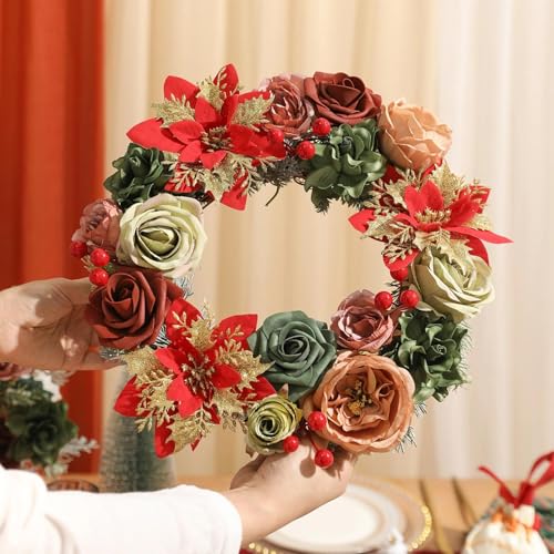 Artificial Christmas Flowers Set with Poinsettia, Fake Roses, Greenery Leaves & Stems for DIY Christmas Decor - Wreath, Tree Ornaments, Wedding Bouquets, Centerpieces, Home Floral Arrangement - color: Christmas Red