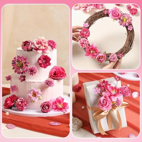 Artificial Flowers Heads Combo Rose Red Flowers Mix Silk Flowers Heads Pink Bulk Faux Rose for Craft Garland Graduation Cap Wedding Bridal Baby Shower Home Party Decoration DIY Cake Decor - color: Rose Red