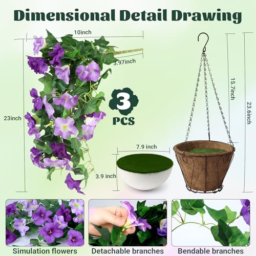 3PCS Hanging Artificial Flowers with Basket, Morning Glory Patio Decorations Outdoor Fake Hanging Decoration, Look Real UV Resistant Artificial Flowers for Outdoor Porch Patio Balcony(Purple)