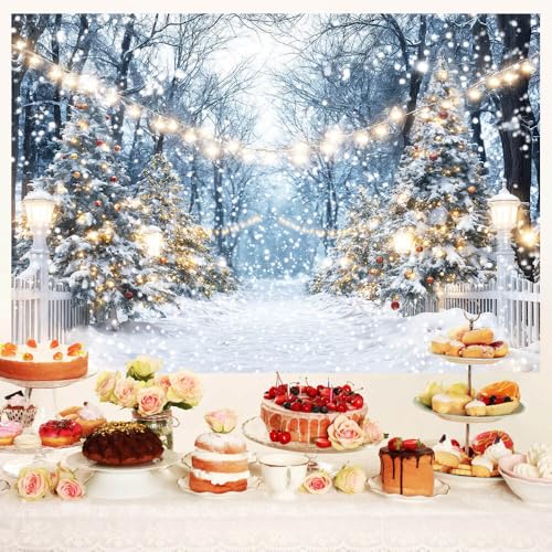 Winter Snowy Scene Forest Scene Backdrop Christmas Wonderland Snowflake Xmas Trees Landscape Photography Background for Family Holiday Party Decorations Banner Photo Studio Prop 5X3FT - color: Blue, size: 5X3FT