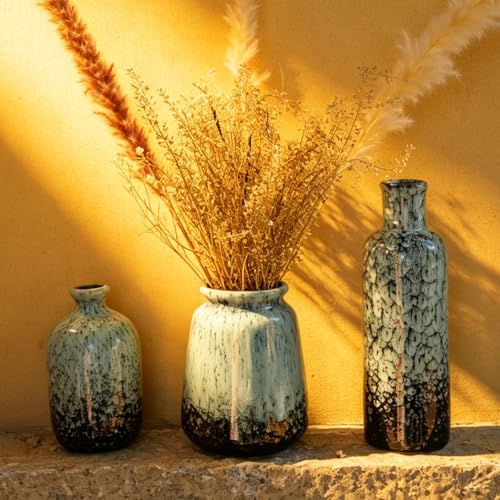 Ceramic Vases Set of 3, Sage Green Flower Vase for Modern Farmhouse and Boho Home Decor Paired with Pampas Grass, Rustic Pottery Decor Centerpiece for Entryway Table, Office & Dining Room - color: Sage Green