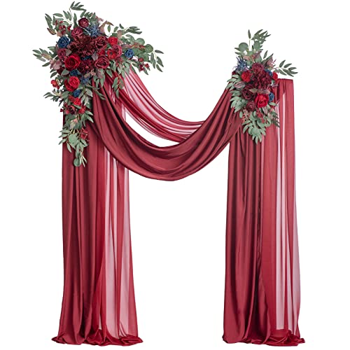 Ling's moment Burgundy Artificial Wedding Arch Flowers Kit Pack of 4, 2pcs Hanging Flower Arrangement 2pcs Chiffon Drapes Ceremony Reception Fake Rose Arbor Backdrop Floral Party Outdoor Decorations - color: Red-burgundy & Navy