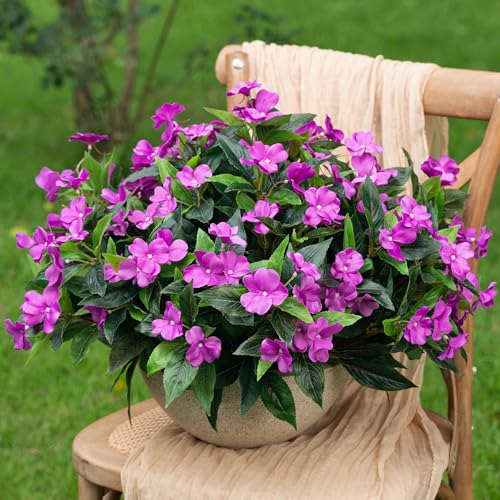 Uqueeten15.7” Fake Flowers Artificial Flowers for Outdoor,Silk Artificial Impatiens Bouquet Flowers for Outdoors，Spring Flowers Flores Artificiales para Decoracion Indoor Decor 8PCS (Purple) - color: Purple-8