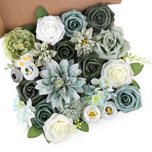 AGIRL Artificial Flowers Combo Silk Mix Green Fake Flower with Stems for DIY Wedding Bouquets Centerpieces Arrangements Table Chair Decor Baby Shower Home Decor (Sage Green) - color: Sage Green