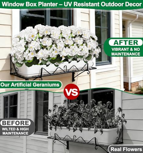 TURNMEON Artificial Geraniums Flowers for Outdoors Summer Decoration, 4 Bundles Fake Flowers Silk White Flowers UV Resistant No Fade Faux Plants for Planter Gardens Table Porch Indoor Cemetery Decor - color: White