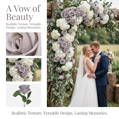 52pcs Grey Roses Artificial Flowers Fake Flowers Silk Roses with Stems for DIY Wedding Bouquets Bridal Shower Centerpieces Arrangements Party Home Decorations - color: Grey