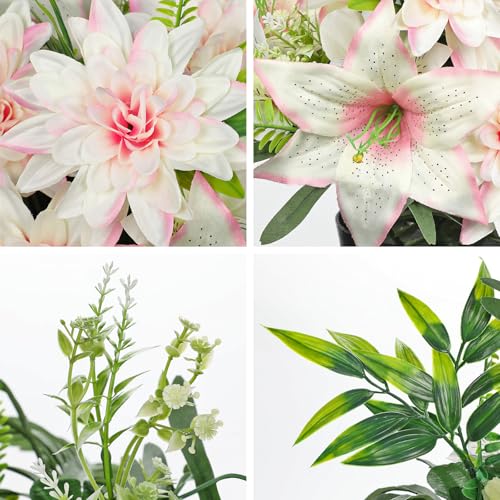 Hollyone Artificial Cemetery Flower for Graves, White Pink Faux Lily Dahlia Flowers in Pot Silk Cemetery Memorial Flowers for Outdoors Gravesites Headstones Home Decoration - color: Pink-dahlia Lily