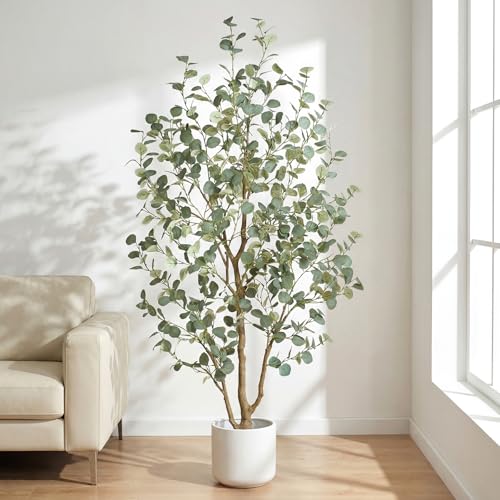 6FT Artificial Eucalyptus Tree Indoor, Faux Eucalyptus Tree with 636 Silk Leaves, Tall Fake Tree - Artificial Tree Indoor for Living Room Office Bedroom Home Decor - size: 6ft