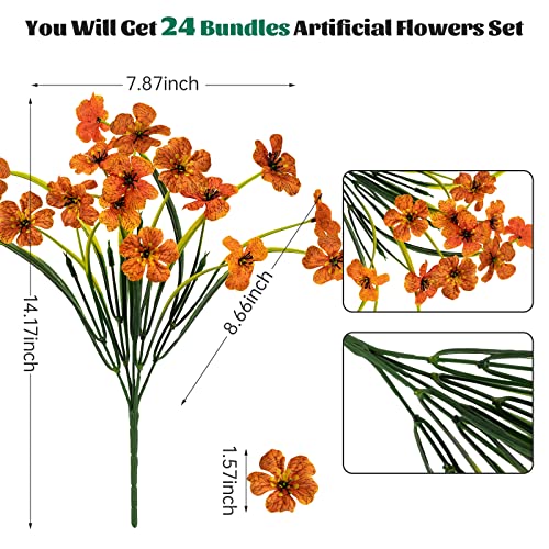 Lnoicy 24 Pcs Artificial Flowers for Outdoor,Plastic Flowers Decoration, UV Resistant Faux Flowers Shrubs, Artificial Plants for Indoor Outside Garden Home Wedding Farmhouse(Orange) - color: Orange, size: 24