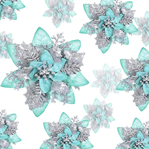 36 Pcs Christmas Glitter Artificial Poinsettia Flowers Xmas Poinsettia Artificial Wedding Flowers Decorations Xmas Tree Ornaments with Clips for Party, 6 Inch, 4 Inch, 3 Inch(Silver and Green) - color: Silver and Green