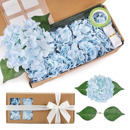 Auihiay 10PCS Hydrangea Artificial Flowers, Realistic Blue Hydrangea Fake Flowers, Faux Hydrangeas for Wedding Centerpieces, DIY Bouquets, Bridal Shower, Home Decoration, Mother's Day, Garden (Blue) - color: Light Blue