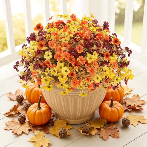 ATTGREAT Artificial Fall Flowers Outdoors UV Resistant Fake Mums Bulk Outside Faux Mums Plants Decorations for Home Garden Porch Hanging Planter Autumn Decor, 24 Bundles (Mix Orange Yellow Fall Red) - color: Orange Yellow Fall Red, size: 24PCS