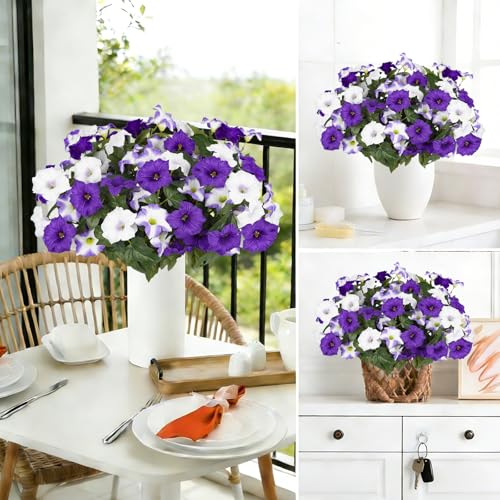 Artificial Flowers for Outdoors, Faux Petunias Spring Summer Decoration, Fake Flowers Plants UV Resistant Look Real Silk Flowers for Outside Planter Front Door Porch Patio Yard (6, Purple-White) - color: Purple-white