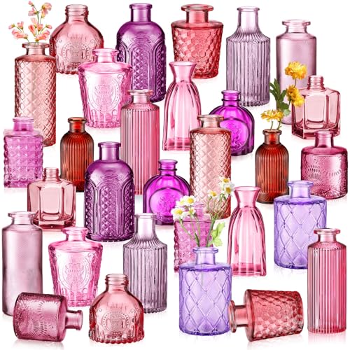 Yaomiao 30 Pcs Vases Bulk Colored Flower Glass Vases Bud Vintage Colored Glass Bottles Colorful Rustic Embossed for Home Wedding Table Decorations Gifts (Pink Purple Red Series) - color: Pink Purple Red Series