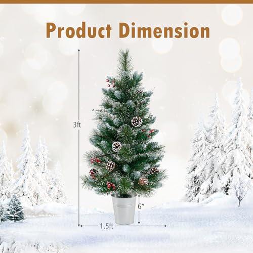 GOFLAME 3FT Prelit Artificial Entrance Christmas Tree, Indoor Outdoor Potted Xmas Tree with 20 LED Lights, Flocked Pine Needles, Eucalyptus Leaves, Red Berries, Pine Cones, 8 Light Modes, Timer - color: Green