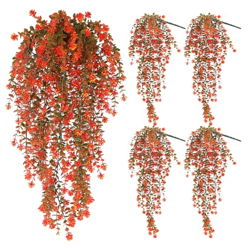 SJL Hanging Greenery Fake Plant 4pcs Artificial Hanging Plants Flower Plastic Leaves Flowers Fall Eucalyptus Palnts Outdoor Vines Decor Eucalyptus Real Touch for Patio Living Room (Salmon) - color: Tangerine