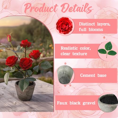 Rose in Pot Decor Potted Artificial Flowers Mini Plants Faux Flowers Indoor Small Decor Fake Roses for Home, Bathroom, Kitchen, Offices, Wedding Party Centerpieces (Rose Red) - color: Rose Red