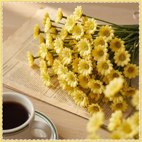 48 Pcs Small Daisy Flowers Artificial 10.6 Inch Fake Daisies Silk Floral Bouquets Spring Wildflowers with Stems Floral Arrangements for Vase Wedding Centerpiece Table Decor(Yellow) - color: Yellow