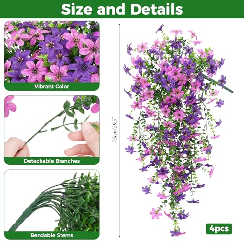 Roberly 4 Pcs Artificial Hanging Flowers for Outdoors, Realistic Faux Silk Flowers UV Resistant Fake Greenery Plants for Spring Summer Garden Porch Indoor Outdoor Home Decor, Purple - color: Purple