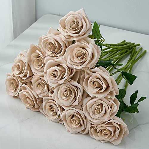 15pcs Fake Roses Artificial Silk Flowers Nude Faux Rose Flower Long Stems Bouquet for Arrangement Wedding Centerpiece Party Home Kitchen Decor (VASE is NOT INVLUDED) - color: Nude